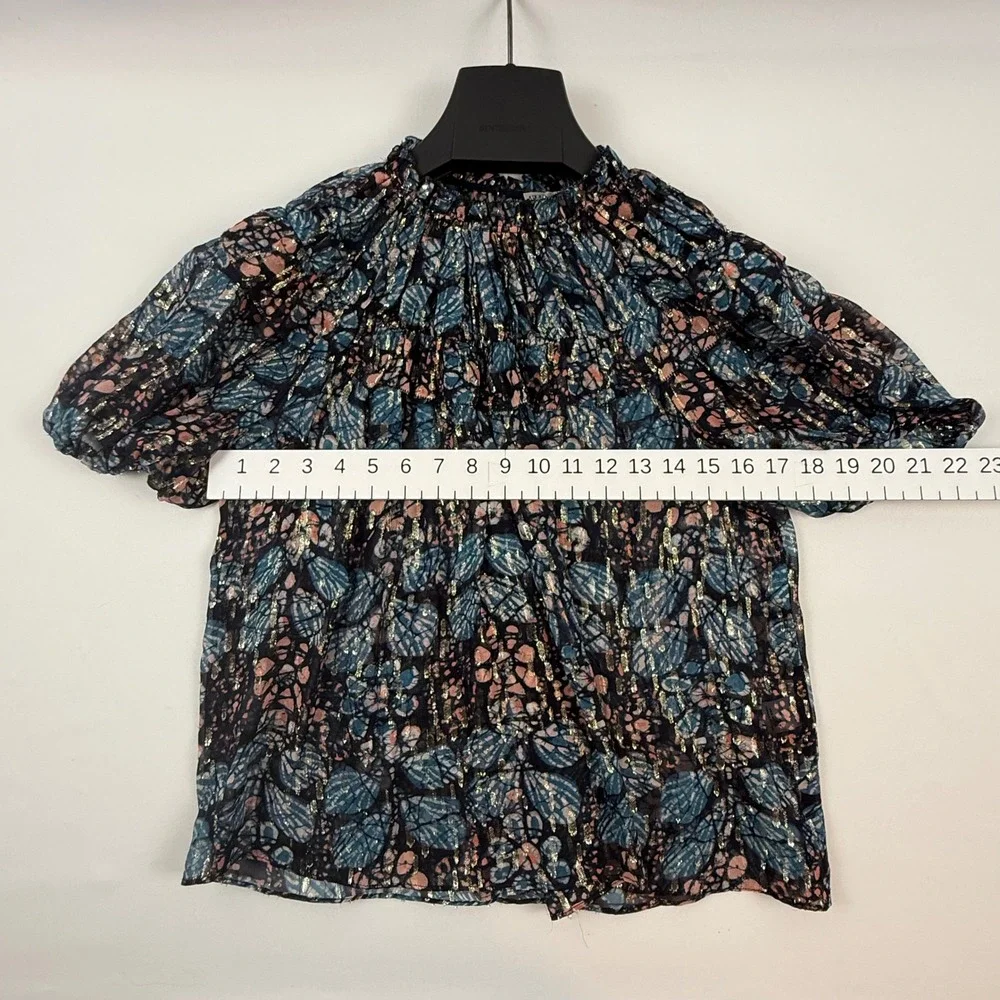 Ulla Johnson Silk Lurex Metallic Ruffle Puff Sleeve Blouse Blue Pink Gold 4